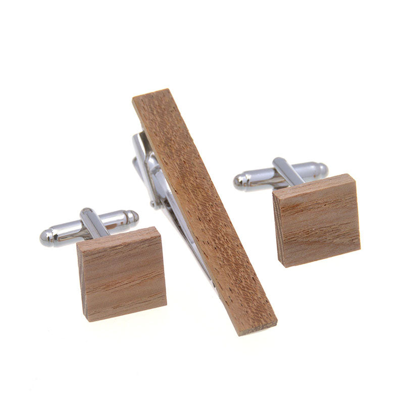 Natural Solid Wood Cufflinks And Collar Set
